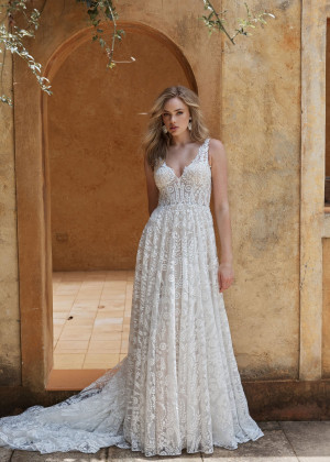 V Neck Ivory Embroidered Lace Tulle Unusual Wedding Dress